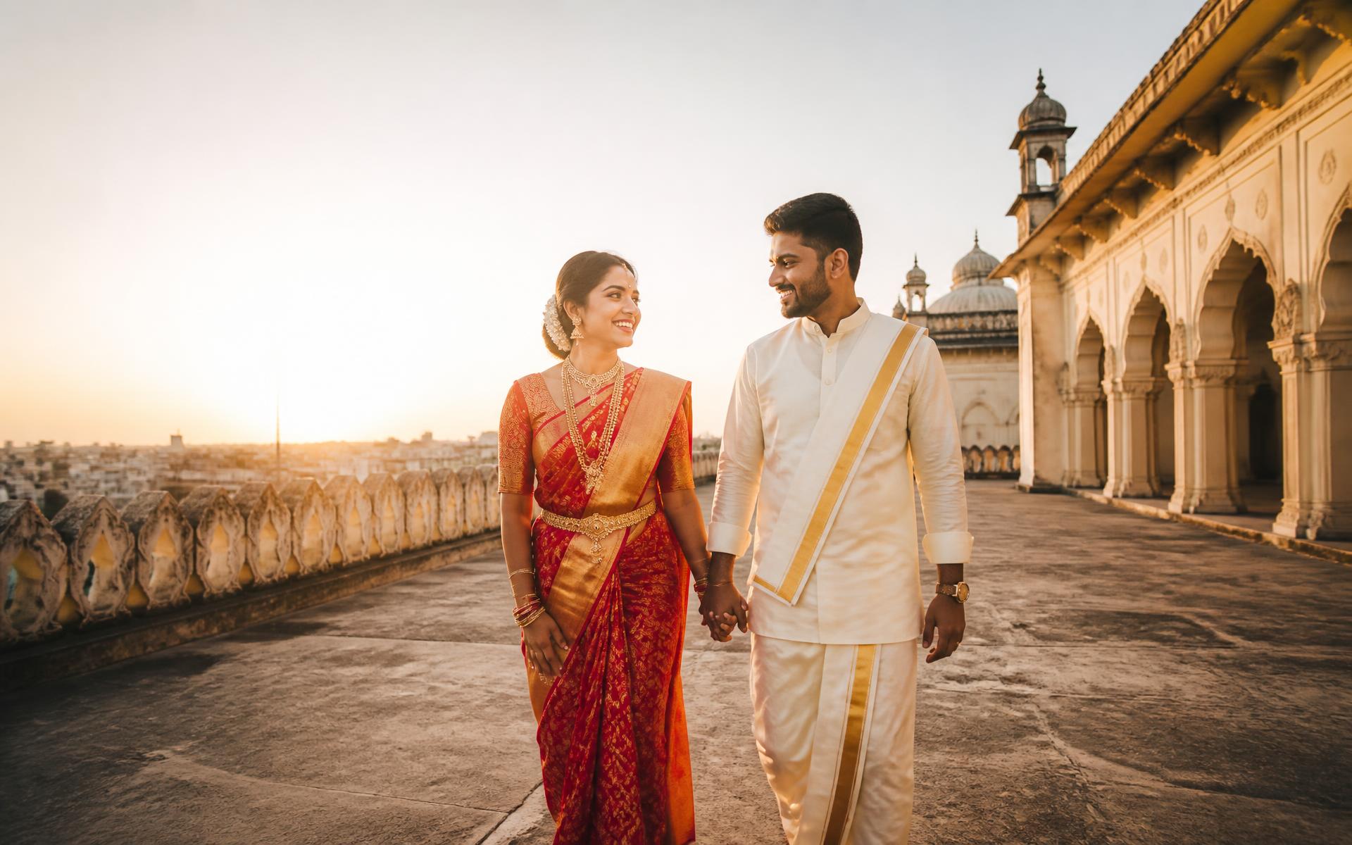 A South Indian bride and groom at golden hour on a heritage palace terrace in Hyderabad